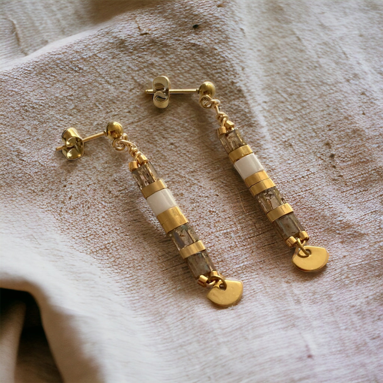 Parure Alba , boucles d’oreilles et bracelets Miyuki Tila , perles japonaises et acier inoxydable