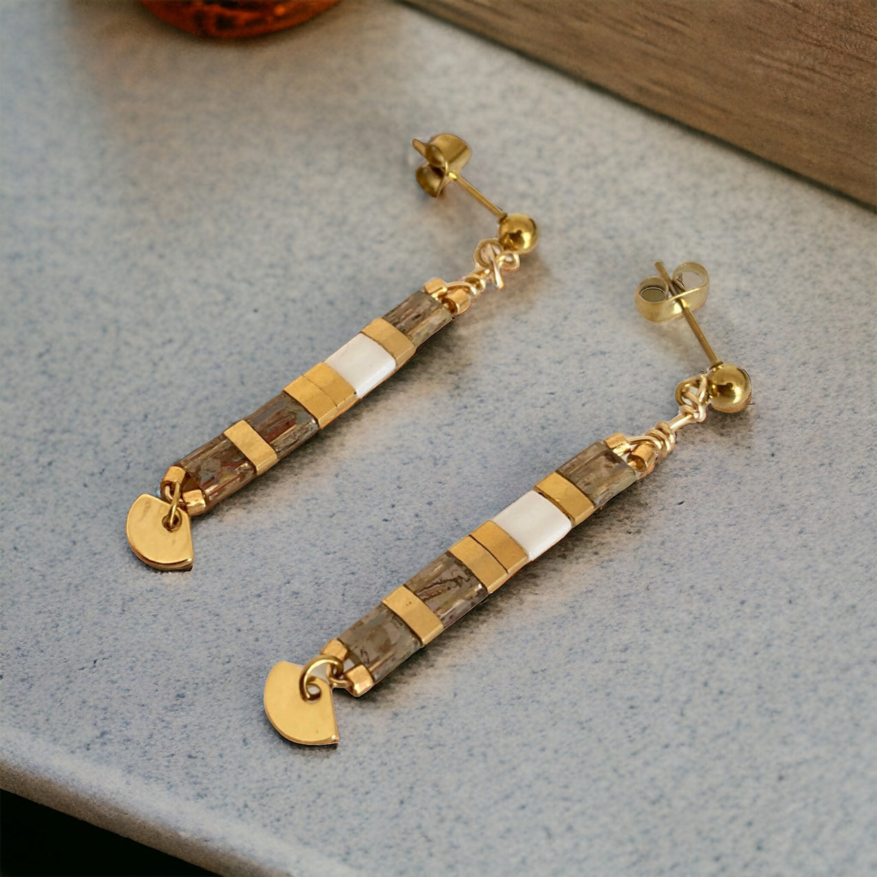 Parure Alba , boucles d’oreilles et bracelets Miyuki Tila , perles japonaises et acier inoxydable