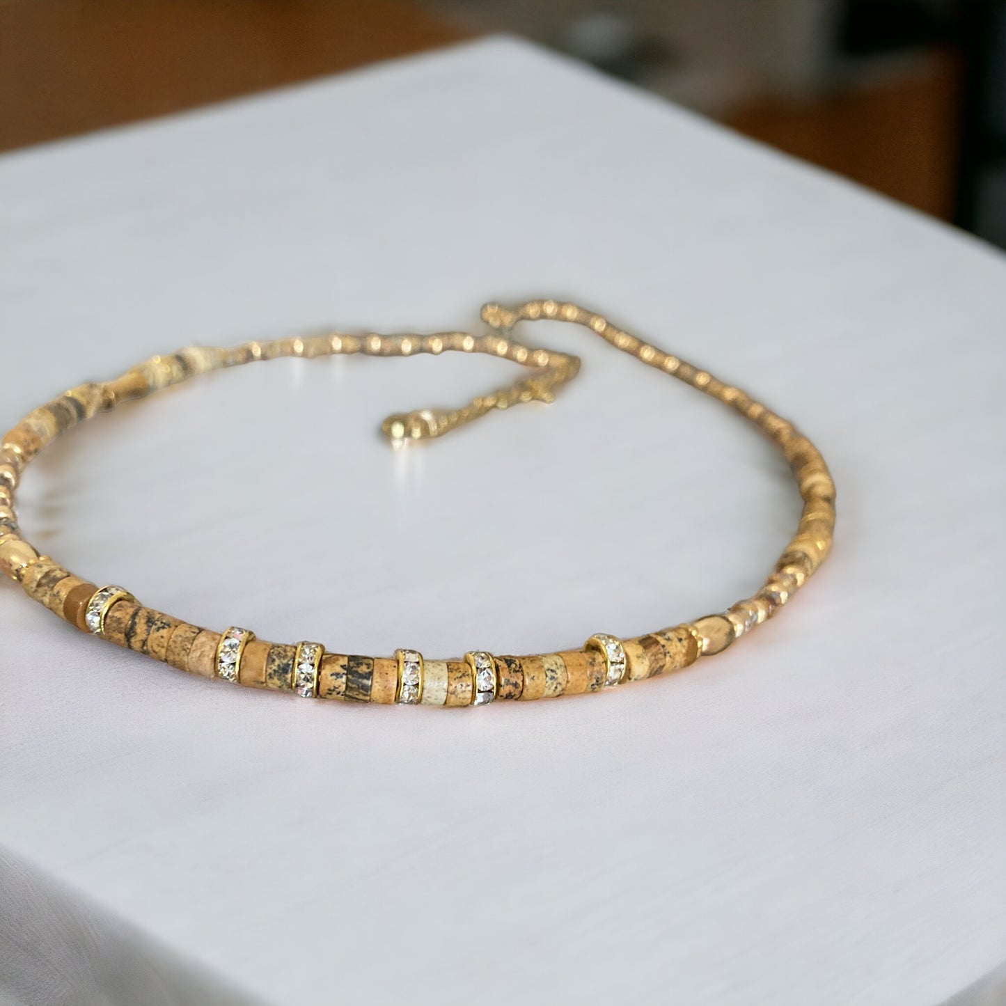 Collier précieux : Kyra , collier de jaspe paysage et perles du Japon , pierres semi précieuses et acier inoxydable
