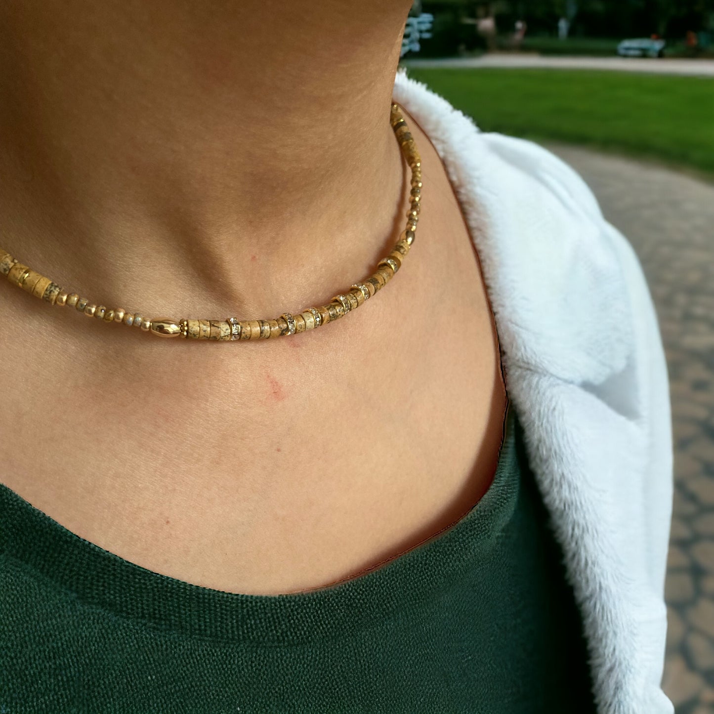 (Copie) Collier précieux : Kyra , collier de jaspe paysage et perles du Japon , pierres semi précieuses et acier inoxydable