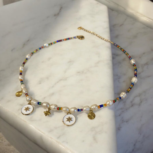 Collier Miyuki : Ambre , collier à breloque en perles miyuki multicolores et perles de cultures